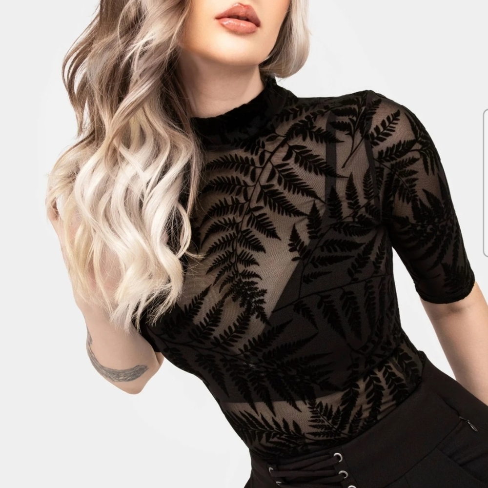 Disturbia Black Sheer Velvet Fern Mock Neck Top